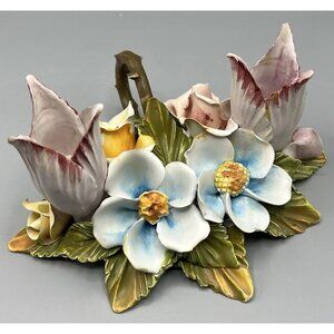 Italian Porcelain Double Candle Holder Roses Tulip Thistle Pink *Damage On Leaf*